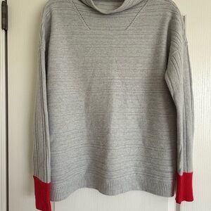 Duffy Cashmere Gray Cowl Neck Sweater with Coral Red Accent at sleeve